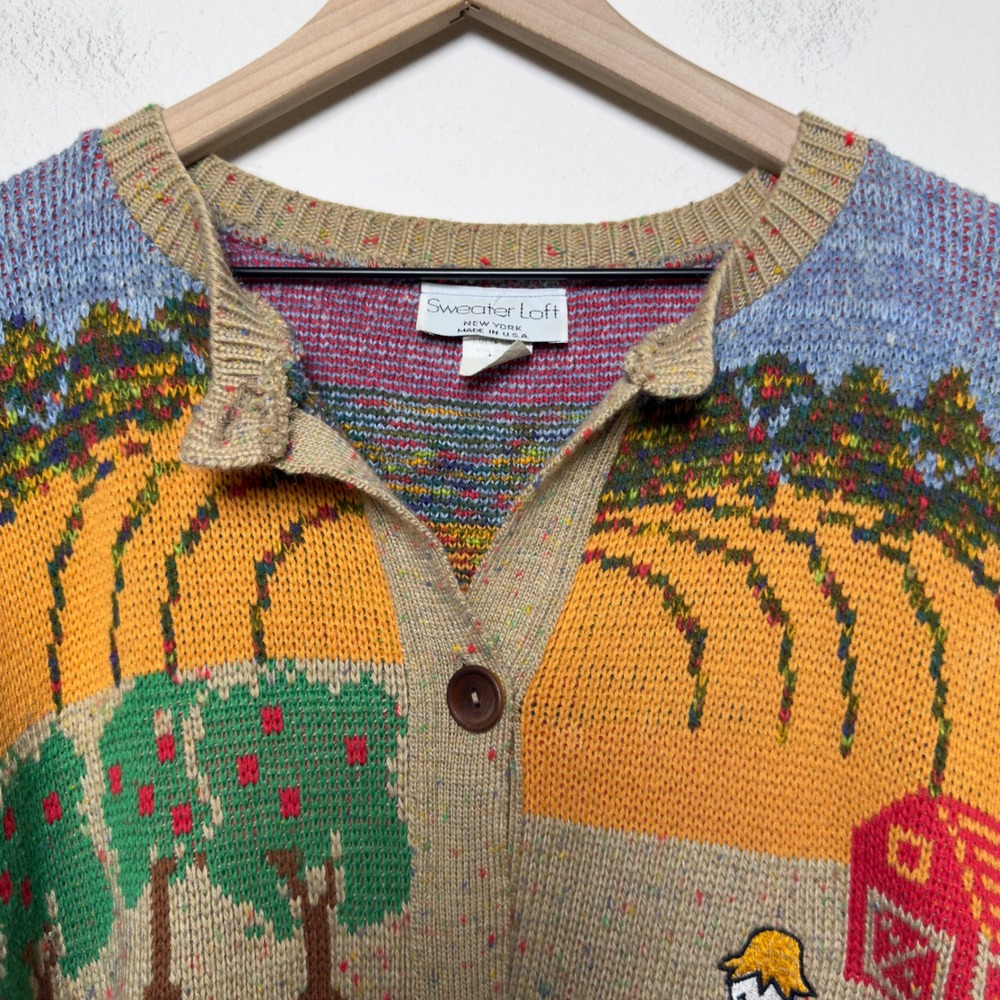 VTG Women Cardigan Sweater Large Farm Harvest Scarecrow Apple Orchard Novelty - Picture 2 of 10